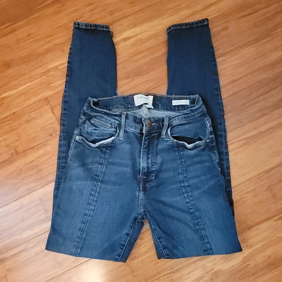 Frame Le High Dark Wash Skinny Jeans Size 26 With Front Slits - Picture 1 of 5